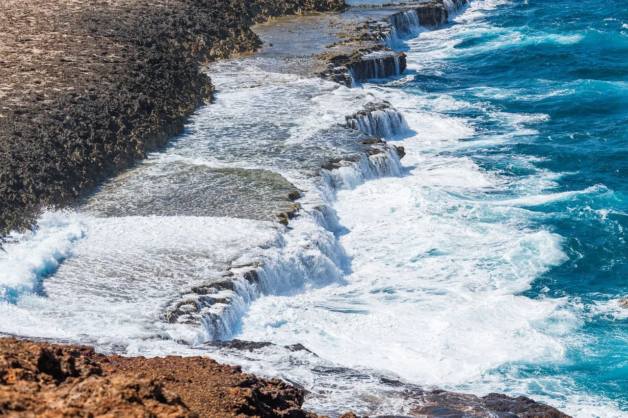 water, waterfall, sea, nature, coast, waves, aruba, caribbean, summer, rocky coast, blue sea, wild waves, surf, hiking, sparkling water, vacation, natural beauty, rocks